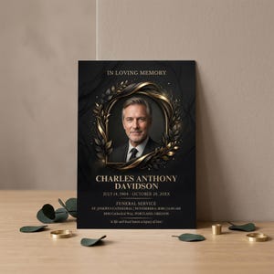 Modèle de programme de funérailles de luxe, carte commémorative modifiable, conception de nécrologie en or noir, canva téléchargement immédiat