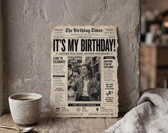 Bearbeitbare Vintage Zeitung Geburtstagseinladung, Foto Party Vorlage, Retro Black & White Flyer