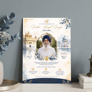May include: A memorial funeral program card featuring a portrait of a man in a blue turban, flanked by watercolor illustrations of the Golden Temple. The text includes the name Sardar Harjit Singh, birth and death dates, and service details.
