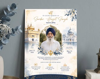 Bearbeitbare Einladungsvorlage für eine Sikh-Gedenkfeier (Antim Ardas Programm) | Punjabi-Traueranzeige | Foto einfügen