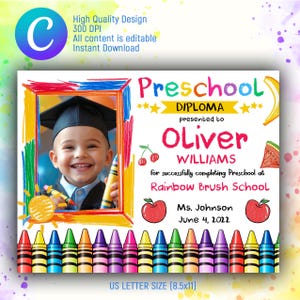 Bearbeitbares Crayon-Vorschuldiplom, Canva-Vorlagen-Abschlusszertifikat, farbenfroher Schulpreis, bearbeitbares und lustiges Design für Kinder