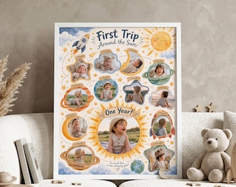 Erste Reise um die Sonne – Fotowand zum 1. Geburtstag – Meilensteinposter zum Weltraum – Collage zum 12. Monat