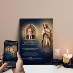 May include: A memorial canvas print featuring a portrait of a man, Sebastian Ramirez-Montoya, and an illustration of the Virgin Mary. The print includes text in Spanish, a smartphone displaying the same design, a lit candle, and a small cross.