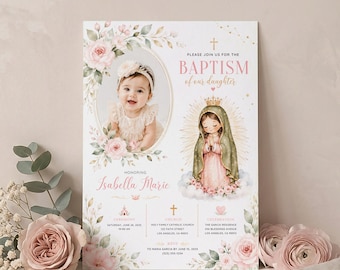 Bearbeitbare Einladungskarte zur Taufe eines Mädchens mit Blumenmuster und Fotoeinfügung (Vorlage) – Motiv: Unsere Liebe Frau von Guadalupe