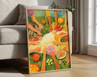 May include: A framed artwork depicting a communal meal. The painting shows multiple hands reaching towards a central pile of rice, surrounded by various dishes, including fish, vegetables, and sauces. The color palette is vibrant, with greens, oranges, and yellows.