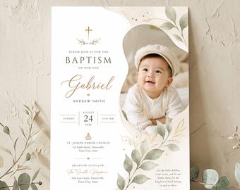 Minimalistische, personalisierte Tauf-Einladung mit Fotoeinlage für Jungen und Mädchen, Naturmotiv mit Grün, goldenes Kreuz