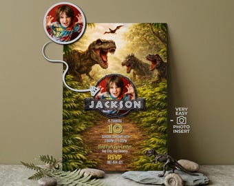 Bearbeitbare Dinosaurier-Geburtstagseinladung mit Foto, Jurassic Park Style Dino Party Digital Download Vorlage