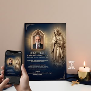 Puede incluir: Un lienzo conmemorativo con un retrato de un hombre, Sebastian Ramirez-Montoya, y una ilustración de la Virgen María. La impresión incluye texto en español, un teléfono inteligente que muestra el diseño, una vela encendida y una pequeña cruz.
