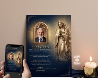 Katholische Beerdigungsmitteilungsvorlage Virgen de Guadalupe Spanisches Gedenken Unserer Lieben Frau Gold Navy Bearbeitbar