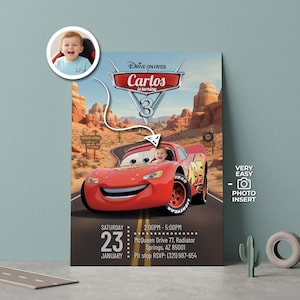 Convite de aniversário do Relâmpago McQueen com foto para corrida no deserto