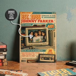 Invitación de cumpleaños retro de los 80, con foto de computadora vintage (descarga digital)