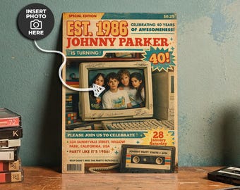 Retro 80s Birthday Invitation, Vintage Computer Photo Invite (Digital Download)