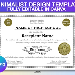 Editable High School Diploma Template, Minimalist Graduation Certificate, Canva Template, Printable Graduation Certificate, Classic Diploma