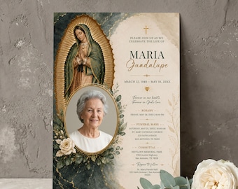 Katholische Beerdigungseinladungsvorlage, Virgen de Guadalupe Feier des Lebens, Trauerfeier Einladen