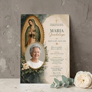 May include: A memorial card featuring a portrait of a woman in an oval frame, with an image of the Virgin Mary above. The card has text that reads "Maria Guadalupe" and details about a funeral mass, rosary, and committal.