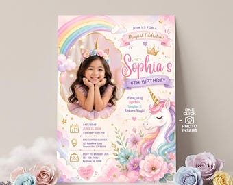 Bearbeitbare Einhorn-Geburtstags-Einladungs-Fotovorlage, Mädchen-Regenbogen-Pastell-Magische Party laden zum druckbaren Canva ein