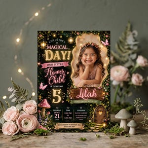 May include: A birthday invitation card featuring a photo of a young girl, text reading JOIN US FOR A MAGICAL DAY! OUR LITTLE Flower Child IS TURNING 5, Lilah, and event details including date, time, location, and RSVP information on a dark floral background.