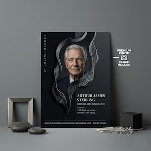 Peut inclure: Un portrait commémoratif avec le texte "IN LOVING MEMORY" et le nom "ARTHUR JAMES STERLING" avec des dates. Le portrait est encadré par un design abstrait gris foncé. Les mots "PREMIUM PHOTO PLACE HOLDER" sont également visibles.