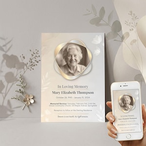Editable Gold Floral Funeral Program Template Memorial Service Invitation Celebration of Life Photo Card