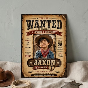 Wanted Poster Cowboy Birthday Invitation Photo Insert Template Wild West Party Digital