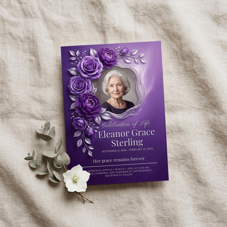 May include: A purple memorial card with a photo of an elderly woman, surrounded by purple roses and floral accents. The card includes the text "Celebration of Life" and details of the memorial service.
