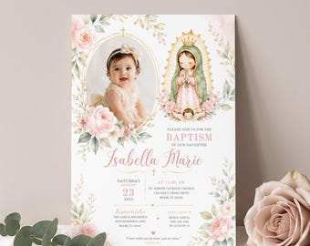 Our Lady of Guadalupe Taufe Einladung Vorlage Foto Einsatz Mädchen Katholische Rosa Blumen einladen