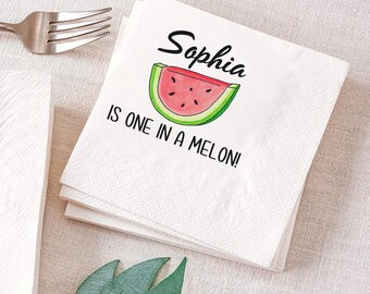 Watermelon One in a Melon First Birthday Napkins, Summer Birthday Party Girl Melon Party, Personalized Cocktail, Luncheon or Dinner Napkins
