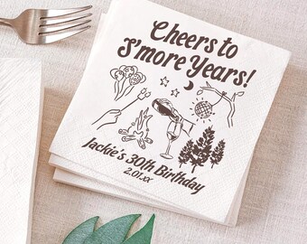 Camp Birthday Vacation Napkin, Cheers to S'more, Personalized Mountain Hiking Drink Napkin, Camping Trip Party Napkin