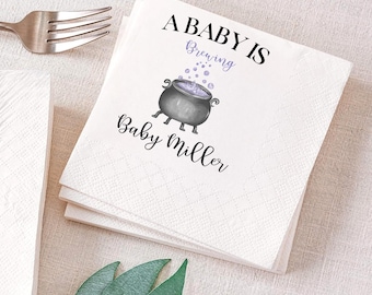 Personalised A Baby is Brewing Napkins, Halloween Baby Shower Napkins, Spooky Baby Shower Decor, Halloween Cocktail Napkins Witch