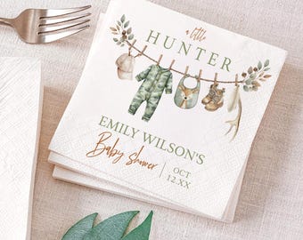 Personalised Little Hunter Baby Shower Napkin, Gingham Duck & Deer Theme Party Napkin, Birthday Party Decor