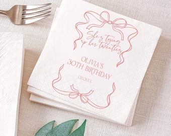 She Tying Up Her Twenties Birthday Napkin, Personalized Black Bow Birthday Girl Napkin, Birthday Napkin Decor