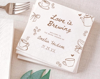 Love is Brewing Napkin, Personalized Coffee Bridal Shower Napkin, Party Bachelorette Napkin Decor