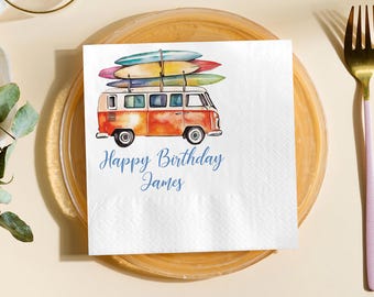 Personalized Retro Surf Birthday Baby Napkins, Coastal Boy 1st Birthday Decor Surfboard, Summer Party Birthday Decor Napkins, Birthday Party