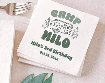 Happy Camper Birthday Napkin, Personalized Camping Party Napkin Decor, Camp Outdoor Party Napkin