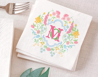 Custom Summer Floral Crest Napkins, Custom Monogrammed Wedding Cocktail Napkins with Initials, Personalized Bridal Shower or Party Napkins