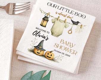 Our little boo is little due Napkin, Custom Halloween Baby Shower Napkins, Cute Ghost Napkins, Beverage Birthday Party Napkin Decor