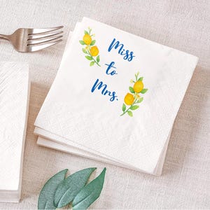 Lemon Miss to Mrs Bridal Shower Napkins, Spring Blue Yellow Summer Shower Cocktail, Luncheon or Dinner Napkins, Personalized Party Napkins