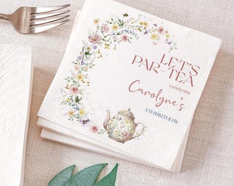Tea Party Birthday Napkin, Personalized Wildflower Par-tea Napkin Decor, Whimsical Tea Party, High Tea Floral Party Napkin