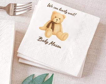 Personalised Teddy Bear Baby Shower Napkins, We can Bearly Wait Shower, Fall Baby Shower Personalized Cocktail, Luncheon or Dinner Napkins