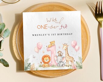 Wild One Birthday Napkins, Personalized Safari Animal Napkins, Jungle First Birthday Party Decor, Custom 1st Birthday Napkins