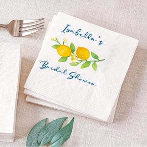 Lemon Bridal Shower Napkins, Spring Summer Wedding, Personalized Blue Yellow Cocktail Napkins, Luncheon or Dinner Napkins