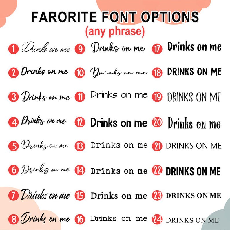 May include: Image showcasing 24 different font options for the phrase "Drinks on me." The text is displayed in various styles, ranging from elegant cursive to bold, all-caps fonts. The title reads "Favorite Font Options (any phrase)."