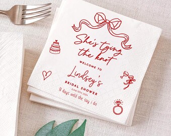She's Tying The Knot Bridal Shower Napkin, Personalized Pink and Red Coquette Napkin, Bachelorette Party Napkin Decor