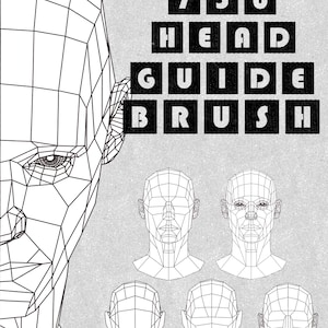 Könnte beinhalten: Schwarz-Weiß-Illustration eines geometrischen menschlichen Kopfes. Der Text "750 HEAD GUIDE BRUSH" und ein App-Symbol sind enthalten. Mehrere geometrische Kopfdiagramme sind ebenfalls abgebildet.