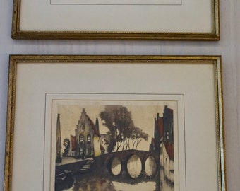 Pair of Framed Limited Edition Julian Celos Canal Scene Etchings