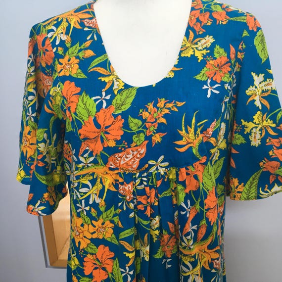 70s Hawaiian Boho Bright Floral Maxi Dress - Size M - Gem