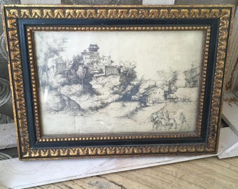 Framed Ink Drawing of Chinese Village