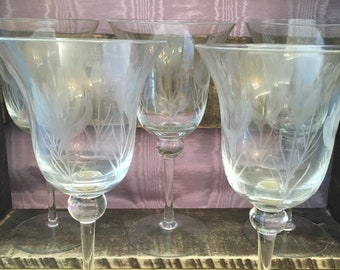 Set of Five (5) Clear Stemmed Glasses with Etched Floral Pattern