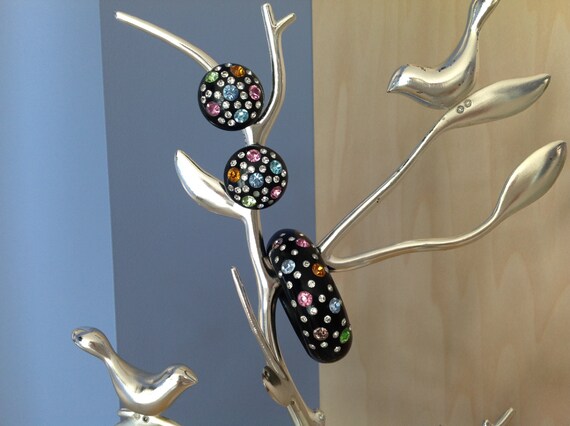 Rhinestone Studded Black Bakelite Cuff & Earring S