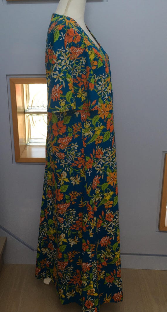 70s Hawaiian Boho Bright Floral Maxi Dress - Size M - Gem